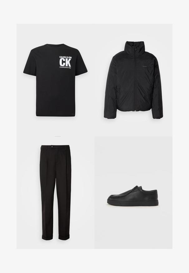 Black puffer jacket with a high collar, zipper front, and side pockets. Smooth, shiny texture with a minimal logo on the chest.; Black cotton t-shirt featuring a round neckline, short sleeves, and a white graphic print of "CALVIN KLEIN CK Established 1968" on the front.; Black trousers with a smooth texture, featuring a straight cut, two front pockets, and a single button closure at the waist.; Black leather slip-on shoe with a rounded toe, stitched detailing, and black rubber sole. Smooth texture with minimalistic design.