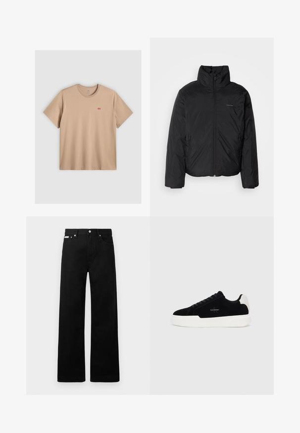 Jachetă pufă neagră cu guler înalt, fermoar frontale și buzunare laterale. Textură netedă și strălucitoare, cu un logo minim pe piept.; Tricou din bumbac bej, cu mâneci scurte și decolteu rotund. Prezintă un mic logo roșu Levi's pe partea din stânga a frontalului. Textură netedă.; Pantaloni din denim negri cu un design cu picioare largi, având cinci buzunare și accesorii metalice pentru butoane. Textură netedă, fără modele vizibile.; Adidași negri cu talpă albă și tab cu toc alb, cu șireturi în față și logo-ul Calvin Klein pe lateral.
