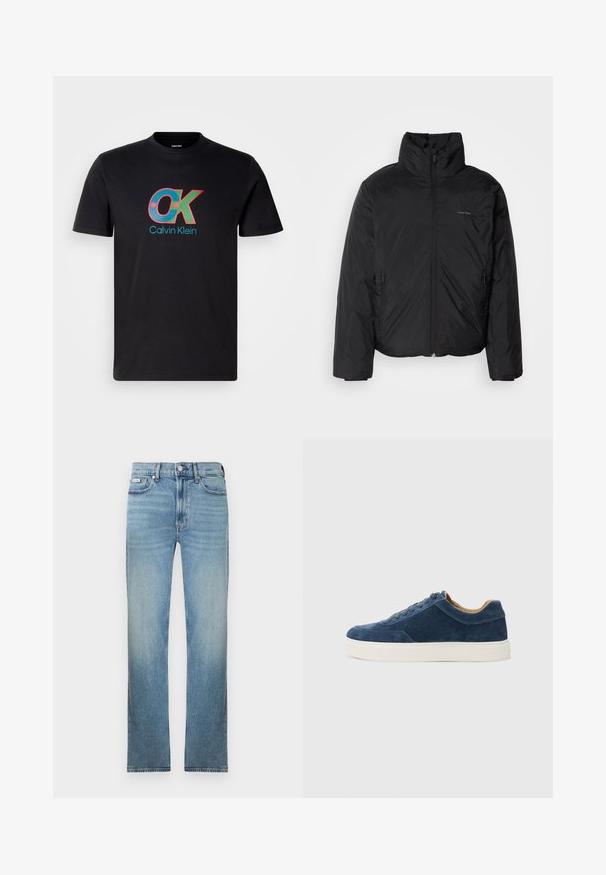 Črna puffer jakna z visokim ovratnikom, zadrgo spredaj in stranskimi žepi. Gladka, sijoča tekstura z minimalnim logotipom na prsih.; Črna bombažna majica s kratkimi rokavi, ki prikazuje večbarvni logotip "OK" in napis "Calvin Klein", okroglo izrezano ovratnik.; Svetlo modre kavbojke iz jeansa s pravim krojem hlačnic, z zasnovo s petimi žepi in bledenim zaključkom. Imajo zadrgo s gumbi in zanke za pas.; Modri semiš športni copati z belim gumijastim podplatom, zavezovanjem, okroglo konico in kontrastno rjav notranjostjo. Diskretni detajli šivov.