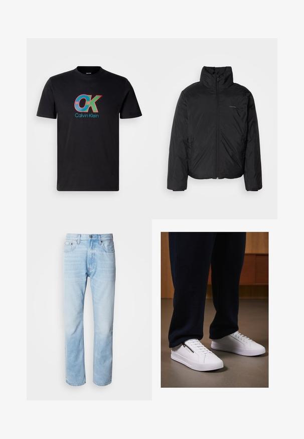 Svart pufferjakke med høy krage, glidelås foran og sidelommer. Glatt, blank tekstur med en minimal logo på brystet.; Sort t-skjorte i svart bomull med et flerfarget "OK"-logo og "Calvin Klein"-tekst, rund halslinning og korte ermer.; Lyseblå denimjeans med strak benkutt, med falmede seksjoner, femlommerdesign og en klassisk knappestol.; Hvite joggesko med en glatt lærfinish, flat såle og snøring. Sidelommer med glidelås gir funksjonalitet. Kombinert med mørke joggebukser.