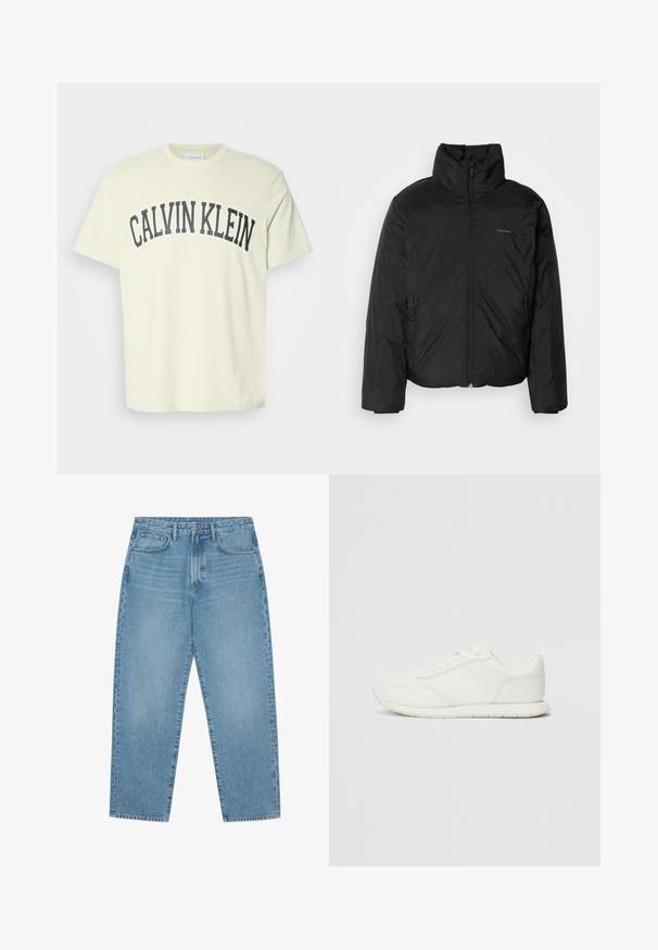 Črna puffer jakna z visokim ovratnikom, zadrgo spredaj in stranskimi žepi. Gladka, sijoča tekstura z minimalnim logotipom na prsih.; Svijetlo žuta pamučna majica s okruglim izrezom. Na prednjoj strani je istaknut tamno sivi "CALVIN KLEIN" logo u luku. Kratki rukavi.; Svijetloplavi traper široki traperice s visokim strukom, s pet džepova, petljama za remen i mekom, pomalo izblijedjelom teksturom.; Bela tenisa z mrežasto in sintetično zgornjo plastjo, okroglo oblikovano prstno območje, ravne vezalke in teksturirana stranska črta. Gumijast podplat z zanko na hrbtni strani.