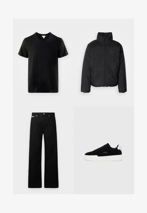 Giubbotto imbottito nero con colletto alto, chiusura a zip frontale e tasche laterali. Tessuto liscio e lucido con un logo minimale sul petto.; T-shirt in cotone nero con scollo a V, maniche corte e un piccolo logo discreto sul petto. Texture morbida e design casual.; Pantaloni in denim nero con design a gamba larga, dotati di cinque tasche e hardware in metallo per i bottoni. Texture liscia, senza motivi visibili.; Sneaker nera bassa con suola e linguetta bianca, con lacci sulla parte anteriore e logo Calvin Klein sul lato.