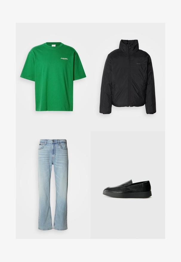 Fekete puffermellény magas gallérral, cipzáros elülső résszel és oldalsó zsebekkel. Simább, fényes textúra, minimális logóval a mellkason.; Zöld pamut póló laza szabással, rövid ujjakkal és kerek nyakkivágással. A frontján egy kis fehér logo található.; Világoskék farmernadrág egyenes szárú szabással, öt zsebbel, gombos záródással és finom kopással az anyagon.; Calvin Klein HYBRID CUP - Belebújós cipők - triple black
