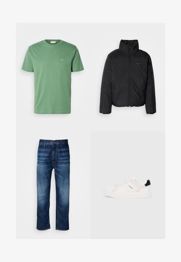 Svart pufferjakke med høy krage, glidelås foran og sidelommer. Glatt, blank tekstur med en minimal logo på brystet.; GANT PRINTED ARCHIVE SHIELD - T-shirts - dried forest; Mørkeblå straight-leg denimjeans med subtil falming på lårene og en knappelukking i midjen, vist på en hvit bakgrunn.; Hvite sneakers med lys rosa og svarte detaljer, med glatte lær- og semskede paneler, rund tå og flat gummisåle.