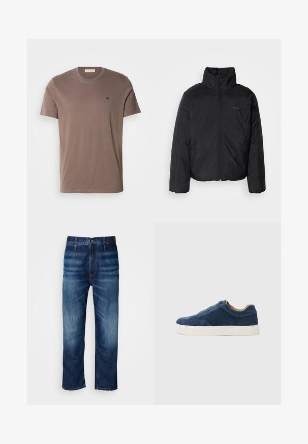 Čierna bundy s kapucňou, s vysokým golierom, so zipsom vpredu a bočnými vreckami. Hladká, lesklá textúra s minimálnym logom na hrudi.; Hnedé bavlnené tričko s okrúhlym výstrihom, krátkymi rukávmi a malým čiernym logom na ľavom hrudníku. Hladká textúra a jednoliata farba.; Tmavomodré rovné džínsy s jemným vyblednutím na stehnách a zapínaním na gombík v páse, vystavené na bielom pozadí.; Modré semišové tenisky s bielou gumovou podrážkou, šnurovací dizajn, okrúhla špička a kontrastný hnedý interiér. Jemné detaily prešívania.
