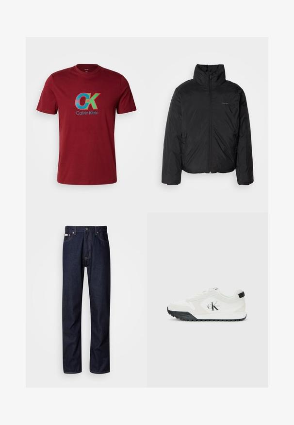 Black puffer jacket with a high collar, zipper front, and side pockets. Smooth, shiny texture with a minimal logo on the chest.; Maroon cotton t-shirt featuring a blue and green "CK" graphic logo with round accents, short sleeves, and a crew neck design.; Dark blue denim jeans with a straight-leg design, featuring a button fly, five pockets, and contrasting stitching details.; Calvin Klein white sneaker with black sole, suede and mesh panels, CK logo on side, and Calvin Klein branding on heel and sole.