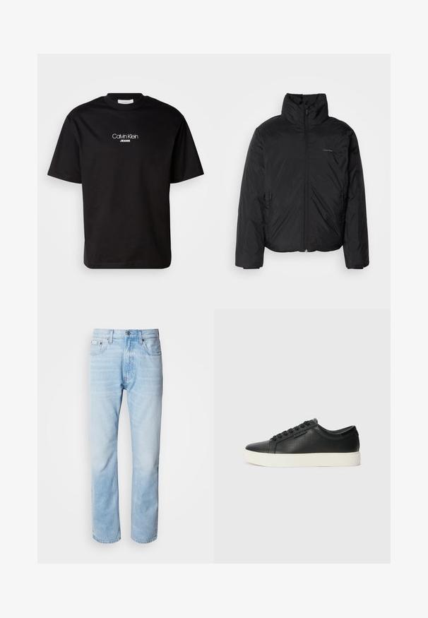 Čierna bundy s kapucňou, s vysokým golierom, so zipsom vpredu a bočnými vreckami. Hladká, lesklá textúra s minimálnym logom na hrudi.; Čierne bavlnené tričko s okrúhlym výstrihom, krátkymi rukávmi a bielym logom "Calvin Klein JEANS" na prednej strane. Jednoduchý a rovný strih.; Svetlomodré džínsy s rovnými nohavicami, s vybledlými časťami, dizajnom s piatimi vreckami a klasickým zapínaním na gombíky.; Čierne kožené tenisky s perforovanou textúrou, okrúlym špičkou a plochou bielou gumovou podrážkou. Obsahujú čierne šnúrky a diskrétny logo na boku.