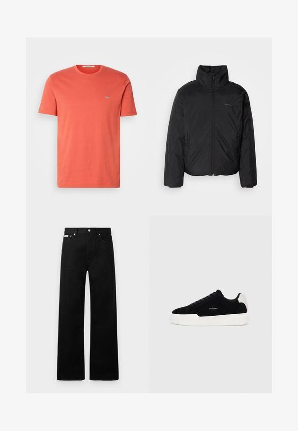 Crna puf jakna s visokim ovratnikom, patentnim zatvaračem sprijeda i bočnim džepovima. Glatka, sjajna tekstura s minimalnim logotipom na prsima.; Pamuk majica kratkih rukava u koralj boji s okruglim izrezom i malim vezinim logom na prsima. Glatka tekstura i regularan kroj.; Crne traperice širokog kroja, s pet džepova i metalnim dugmadi. Glatka tekstura, bez vidljivih uzoraka.; Crni niskoprični tenisice s bijelim potplatom i petom, sa vezanjem sprijeda i Calvin Klein logotipom sa strane.