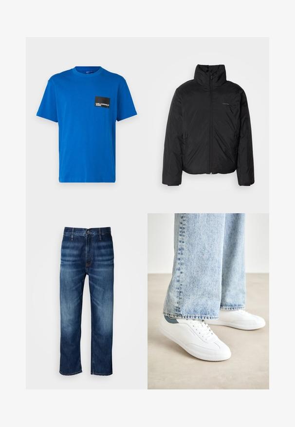 Casaco puffer preto com colarinho alto, fecho de correr na frente e bolsos laterais. Textura suave e brilhante com um logótipo minimalista no peito.; T-shirt de algodão azul com decote redondo, mangas curtas, apresentando um bolso quadrado preto com texto do logótipo em branco. Textura suave.; Calças de ganga de perna reta em azul escuro, com desbotamento sutil nas coxas e fecho de botão na cintura, exibidas sobre um fundo branco.; Ténis brancos com material suave, design de atacadores, sola de borracha texturizada e um detalhe em teal no calcanhar, combinados com jeans azul claro.