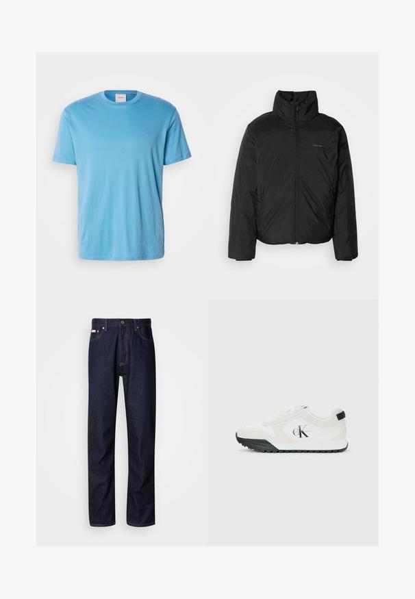 Jachetă pufă neagră cu guler înalt, fermoar frontale și buzunare laterale. Textură netedă și strălucitoare, cu un logo minim pe piept.; Tricou din bumbac, de culoare albastru deschis, cu mânecă scurtă și gât rotund, având un mic logo brodat pe piept. Textură netedă, fit normal.; Blugi din denim de culoare albastru închis, cu un design drept, având un sistem de închidere cu nasturi, cinci buzunare și detalii de cusătură contrastante.; Tenis Calvin Klein alb cu talpa neagră, cu panouri din piele întoarsă și plasă, logo-ul CK pe lateral și branding Calvin Klein pe toc și talpă.