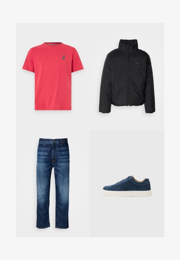 Chaqueta acolchada negra con cuello alto, cierre frontal y bolsillos laterales. Textura lisa y brillante con un logo minimalista en el pecho.; Camiseta de algodón roja con cuello redondo y mangas cortas. Presenta un pequeño logo oscuro y el número "4" estampado en el pecho. Diseño simple.; Jeans de mezclilla rectos de color azul oscuro con un leve desvanecimiento en los muslos y un cierre de botón en la cintura, exhibidos sobre un fondo blanco.; Zapatillas de ante azul con suela de goma blanca, diseño de cordones, punta redondeada y un interior en contraste color marrón. Detalles de costura sutil.