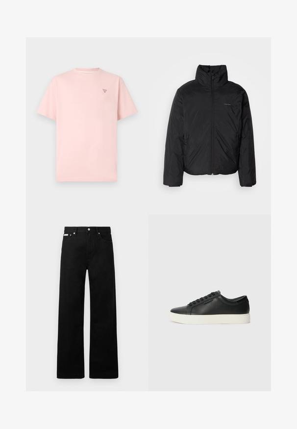 Juoda pūkinė striukė su aukštu apykakle, užtrauktuku priekyje ir šoninėmis kišenėmis. Lygus, blizgus paviršius su minimaliu logotipu ant krūtinės.; Šviesiai rožinė, trumpomis rankovėmis medvilnės marškinėliai. Papildyti mažuoju trikampiu logotipu ant krūtinės. Klasikinis apvalus iškirptės modelis, laisvas fasonas.; Juodos džinsinės kelnės su plačiu kojų dizainu, turinčios penkias kišenes ir metalinius sagčių akcentus. Lygus paviršius, be matomų raštų.; Juodi odiniai sportbačiai su perforuotu paviršiumi, apvaliu pirštu ir plokščiu baltu guminiu padu. Yra juodos raišteliai ir subtili logotipo detalė šone.