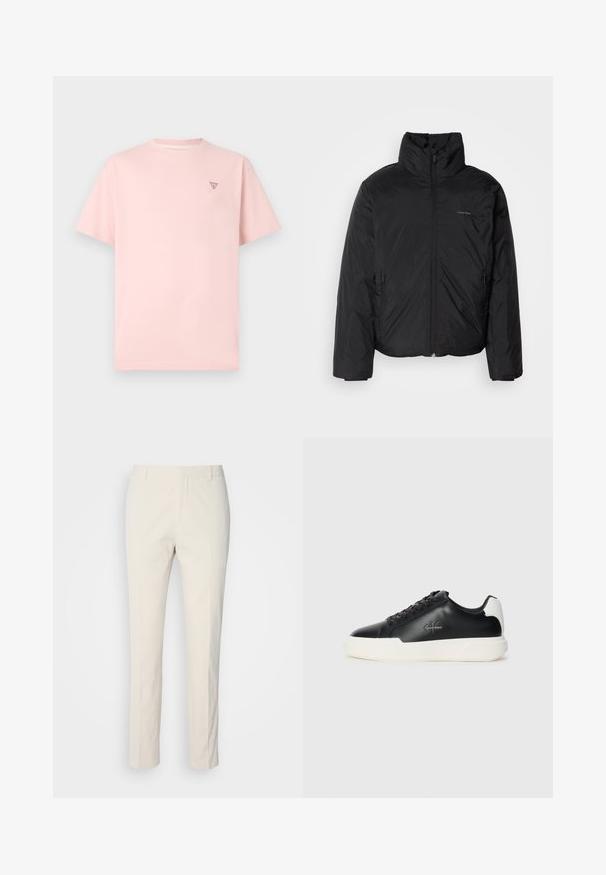 Svart puffjacka med hög krage, dragkedja framtill och sidofickor. Slät, glänsande textur med en minimal logotyp på bröstet.; Ljusrosa kortärmad T-shirt i bomull. Har en liten triangel-logotyp på bröstet. Klassisk rund halsringning, avslappnad passform.; Krämfärgade skräddarsydda byxor med en texturerad tyg. Har en rak bendesign, bälteöglor och två framfickor. Inga mönster.; Svarta lädersneakers med vit gummisul. Har rund tå, snörningsdesign och logodetalj på sidan. Bakre accent i vitt.