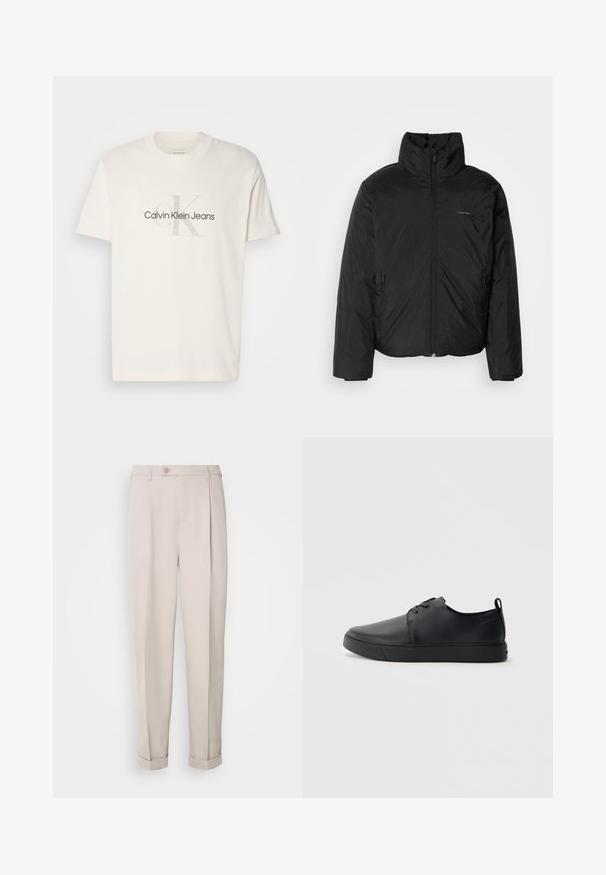 Casaco puffer preto com colarinho alto, fecho de correr na frente e bolsos laterais. Textura suave e brilhante com um logótipo minimalista no peito.; T-shirt de algodão creme com um logotipo cinza central apresentando o texto "Calvin Klein Jeans" e um gráfico distinto "ck". Design de mangas curtas e gola redonda.; Calças bege feitas de tecido suave, com um corte reto, pregas simples e bainhas dobradas. Inclui um fecho de botão na frente.; Sapatilha de couro preta com um acabamento liso, bico arredondado, costura ton sur ton, frente com atacadores e sola plana de borracha. Alça no calcanhar.