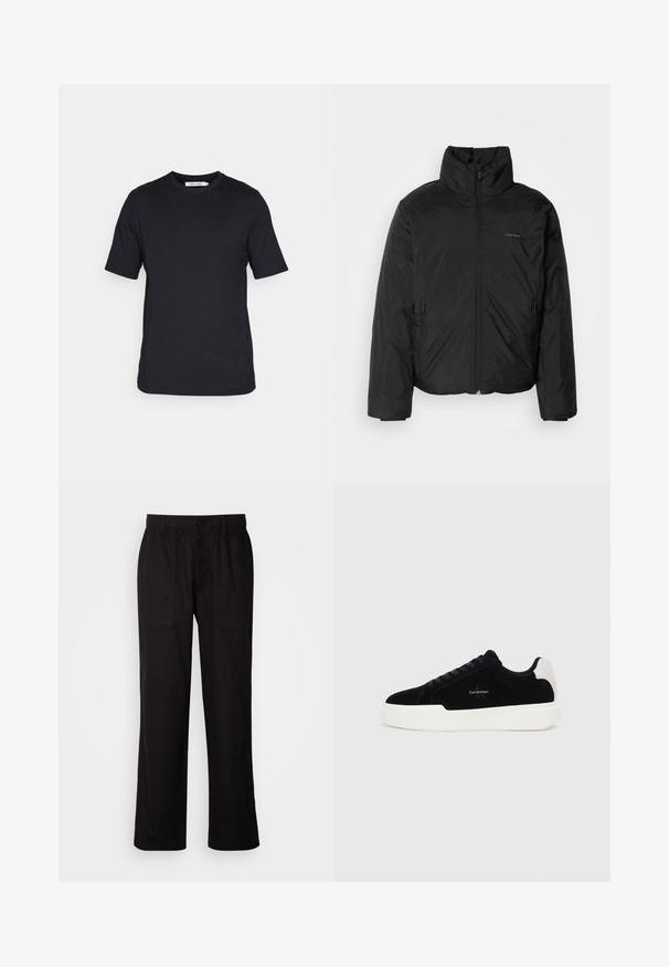 Melnā pūkainā jaka ar augstu apkakli, ar rāvējslēdzēju priekšpusē un sānu kabatām. Gluda, spīdīga tekstūra ar minimālu logotipu uz krūtīm.; Melna īsām piedurknēm t-kreklu, kas izgatavots no mīksta auduma, ar apaļu kakla izgriezumu un taisnu apakšmalu, bez rakstiem vai redzamām emblēmām.; Melnas bikses ar brīvu piegriezumu, izgatavotas no viegla auduma. Tām ir elastīga jostasvieta, pogu aizdare un divas priekšējās kabatas.; Melni zema profila sporta apavi ar baltu zoli un papēdi, ar šņorēm priekšpusē un Calvin Klein logo sānos.