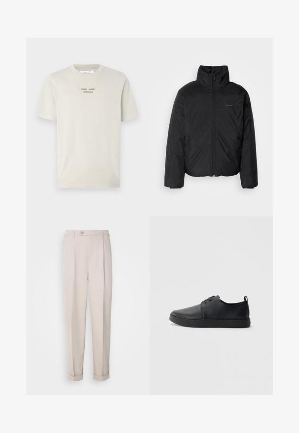 Sort dunjakke med høj krave, lynlåse foran og sidelommer. Glat, blank tekstur med et minimalistisk logo på brystet.; Lys beige bomulds t-shirt med korte ærmer, rund hals og sort trykt tekst "SAMSE SAMSØ COPENHAGEN" centreret på brystet.; Beige bukser lavet af glat stof, med lige pasform, enkel fryns og opkrøllede vipper. Inkluderer en frontknaplukning.; Sorte lædersneakers med en glat finish, rund tå, tonalt syning, snøring foran og en flad gummisål. Løkke ved hælen.