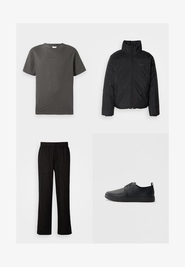 Melnā pūkainā jaka ar augstu apkakli, ar rāvējslēdzēju priekšpusē un sānu kabatām. Gluda, spīdīga tekstūra ar minimālu logotipu uz krūtīm.; Pelēks kokvilnas T-krekls ar apaļu kakla izgriezumu un īsām piedurknēm. Priekšpusē ir neliels, atturīgs logotips. Gluda tekstūra un klasiskā piegriezte.; Melnas bikses ar brīvu piegriezumu, izgatavotas no viegla auduma. Tām ir elastīga jostasvieta, pogu aizdare un divas priekšējās kabatas.; Melnas ādas kedas ar gludu apdari, noapaļota purngala, tonāla šuvēm, auklu fronti un plakanu gumijas zoli. Cilpa pie papēža.