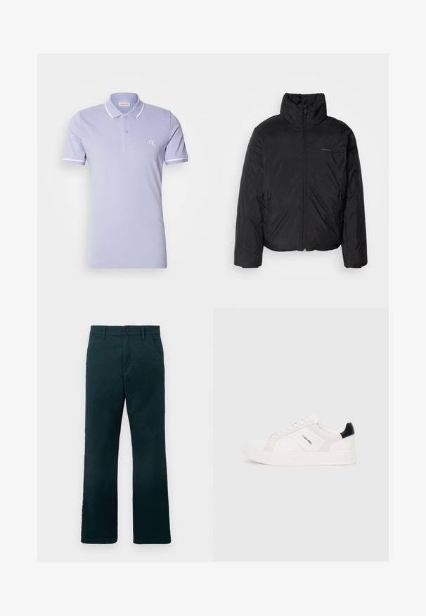 Svart pufferjakke med høy krage, glidelås foran og sidelommer. Glatt, blank tekstur med en minimal logo på brystet.; Lys lilla polo skjorte laget av myk bomull med tre knapper, hvite detaljer på kragen og ermene, med CK-logo.; Mørkegrønne bukser med rett ben, beltehemper, sidelommer og knappelukking på en enkel hvit bakgrunn.; Hvite sneakers med lys rosa og svarte detaljer, med glatte lær- og semskede paneler, rund tå og flat gummisåle.