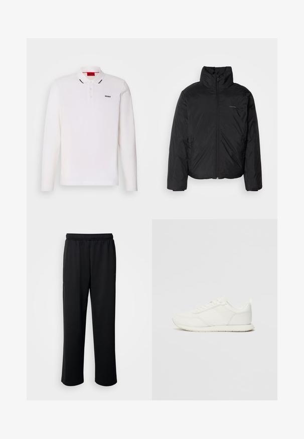 Must musträkk, millel on kõrge krae, lukuga ees ja küljetaskud. Sile, läikiv tekstuur ja minimaalne logo rinnal.; Valge pika varrukaga polo särk, mis on valmistatud sileda tekstuuriga kangast. Omab kahte nuppu, musta logo ja kontrastset kaeluse detaili.; Mustad mustrendiga sportpüksid, valmistatud pehmest ja hingavast kangast. Omavad elastset vööd ja sirgeid jalgu, ilma silmatorkavate aksessuaare või mustriteta.; Valged tennisesid, millel on võrgust ja sünteetilisest materjalist ülemine osa, ümar varvas, lamedad paelad ja tekstureeritud külgmine triip. Kummist tallaosa, tagaküljel tõmbetab.