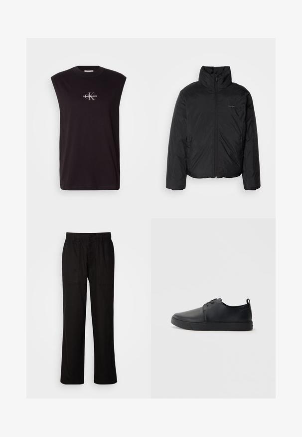 Chaqueta acolchada negra con cuello alto, cierre frontal y bolsillos laterales. Textura lisa y brillante con un logo minimalista en el pecho.; Camiseta sin mangas negra de algodón, con cuello redondo y un logo con "Calvin Klein Jeans" en plata en el centro del frente.; Pantalones negros con un ajuste relajado, hechos de una tela ligera. Presentan una cintura elástica, cierre de botón y dos bolsillos frontales.; Zapatilla negra de cuero con acabado suave, punta redondeada, costuras a tono, cordones en la parte delantera y suela de goma plana. Asa en el talón.