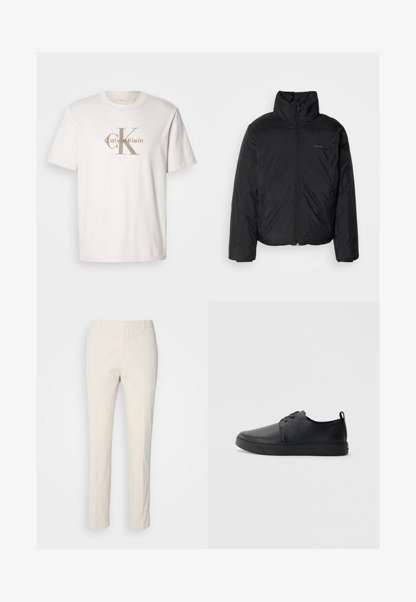 Crna puf jakna s visokim ovratnikom, patentnim zatvaračem sprijeda i bočnim džepovima. Glatka, sjajna tekstura s minimalnim logotipom na prsima.; Bijela pamučna majica kratkih rukava s bež natpisom "cK Calvin Klein" koji je otisnut na prsima, okrugli izrez i ležeran kroj.; Pantalone boje kreme s teksturiranim materijalom. Ima ravne nogavice, petlje za pojas i dvije prednje džepove. Bez uzoraka.; Crne kožne tenisice s glatkom površinom, zaobljenim vrhom, tonom prošivanja, vezanjem sprijeda i ravnim gumenim potplatom. Oko pete se nalazi učka.