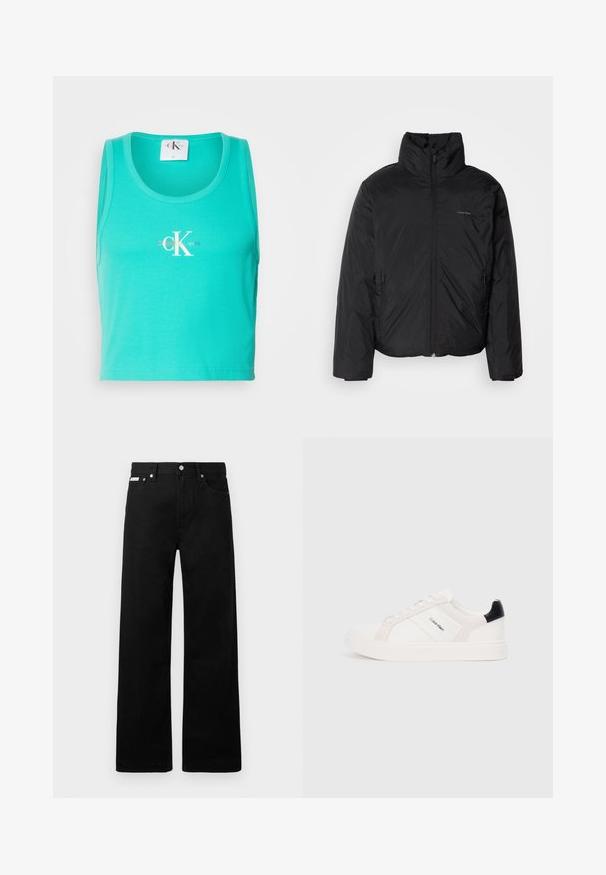Črna puffer jakna z visokim ovratnikom, zadrgo spredaj in stranskimi žepi. Gladka, sijoča tekstura z minimalnim logotipom na prsih.; Turkizna rebrasta majica bez rukavov s okruglim izrezom, s bijelim "CK" logotipom. Materijal je mek i rastezljiv, krojen je u skraćenom stilu.; Črne jeans hlače širokega kroja, z petimi žepi in kovinskimi gumbi. Gladka tekstura, brez vidnih vzorcev.; Beli športni čevlji z svetlo roza in črnimi detajli, ki imajo gladke usnjene in semiš panele, okroglo konico in plitki gumijasti podplat.
