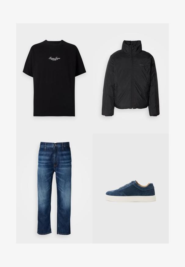 Juoda pūkinė striukė su aukštu apykakle, užtrauktuku priekyje ir šoninėmis kišenėmis. Lygus, blizgus paviršius su minimaliu logotipu ant krūtinės.; Juodas trikotažinis marškinėliai trumpomis rankovėmis, pagaminti iš medvilnės. Krūtinėje yra baltas siuvinėtas užrašas "Guess Jeans American Tradition California".; Tamsiai mėlynos tiesios kojų džinsai su subtiliu išblukimu ant šlaunų ir užsegimu prie juosmens, pateikti ant baltos fono.; Mėlynos zomšinės sportbačiai su balta gumine padanga, su raišteliais, apvaliu pirštu ir kontrastinga rusva vidine dalimi. Subtilūs siuvimo detalės.