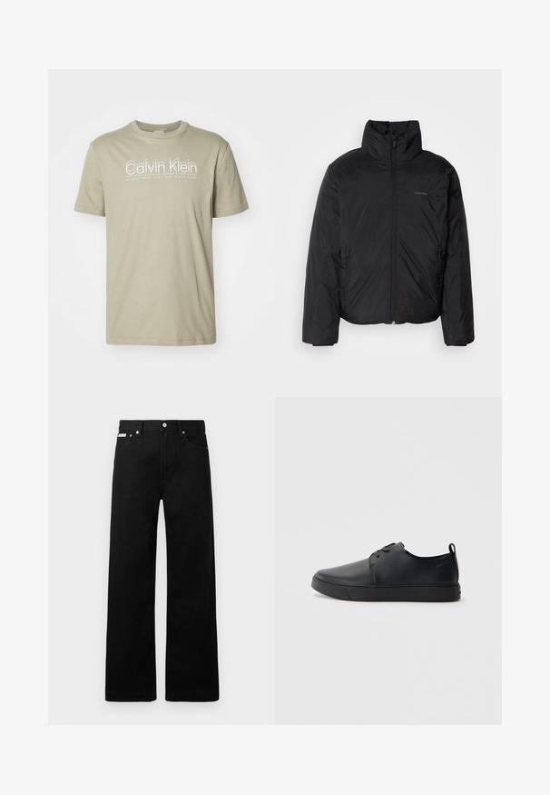 Juoda pūkinė striukė su aukštu apykakle, užtrauktuku priekyje ir šoninėmis kišenėmis. Lygus, blizgus paviršius su minimaliu logotipu ant krūtinės.; Šviesiai alyvinės spalvos, trumpomis rankovėmis, apvalios iškirptės marškinėliai iš medvilnės. Pirmoje pusėje yra baltas prekės ženklas "Calvin Klein", paprastas ir švarus dizainas.; Juodos džinsinės kelnės su plačiu kojų dizainu, turinčios penkias kišenes ir metalinius sagčių akcentus. Lygus paviršius, be matomų raštų.; Juodos odinės sportinės bateliai su lygiu paviršium, suapvalinta nosimi, toniniais siūlais, raištelių užsegimu priekyje ir plokščiu guminiu padu. Kilpelė ant kulno.