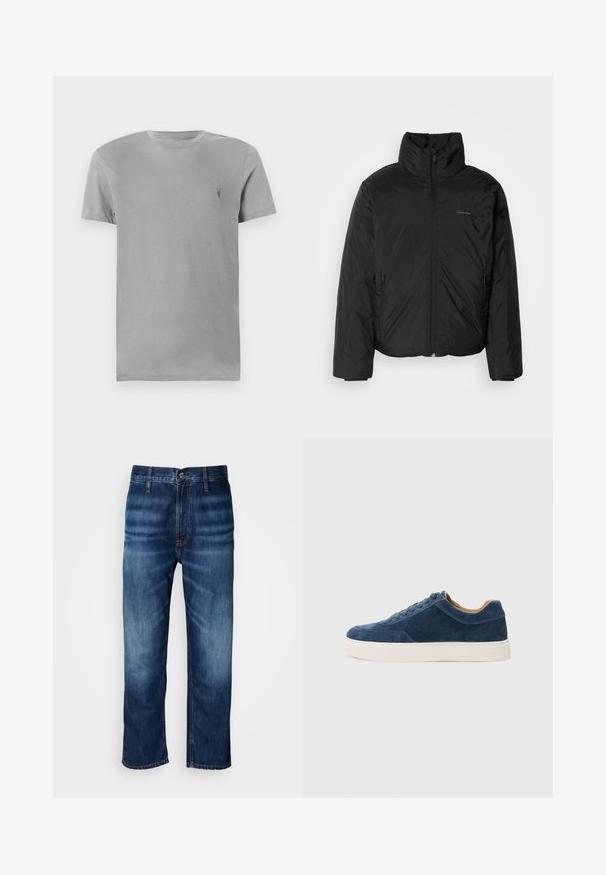Čierna bundy s kapucňou, s vysokým golierom, so zipsom vpredu a bočnými vreckami. Hladká, lesklá textúra s minimálnym logom na hrudi.; Sivá bavlnená tričko s okrúhlym výstrihom a krátkymi rukávmi. Obsahuje malé tmavé logo na hornej ľavej strane. Klasický strih, hladká textúra.; Tmavomodré rovné džínsy s jemným vyblednutím na stehnách a zapínaním na gombík v páse, vystavené na bielom pozadí.; Modré semišové tenisky s bielou gumovou podrážkou, šnurovací dizajn, okrúhla špička a kontrastný hnedý interiér. Jemné detaily prešívania.