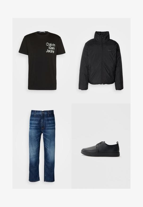 Chaqueta acolchada negra con cuello alto, cierre frontal y bolsillos laterales. Textura lisa y brillante con un logo minimalista en el pecho.; Calvin Klein Jeans STACKED EUPHORIC LOGO TEE - Camiseta estampada - black; Jeans de mezclilla rectos de color azul oscuro con un leve desvanecimiento en los muslos y un cierre de botón en la cintura, exhibidos sobre un fondo blanco.; Zapatilla negra de cuero con acabado suave, punta redondeada, costuras a tono, cordones en la parte delantera y suela de goma plana. Asa en el talón.