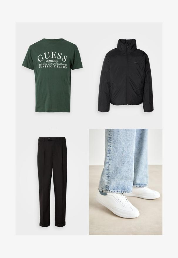 Svart pufferjakke med høy krage, glidelås foran og sidelommer. Glatt, blank tekstur med en minimal logo på brystet.; Mørk grønn bomull T-skjorte med korte ermer som har hvit trykket tekst: "GUESS LOS ANGELES, CA, KLASSISK DESIGN." Enkelt rund halsåpning.; Sorte bukser med en glat tekstur, der har lige snit, to forlommer og en enkelt knaplukning i taljen.; Hvite sneakers med glatt materiale, snøring, teksturert gummisåle, og en teal akcent ved hælen, kombinert med lyseblå jeans.