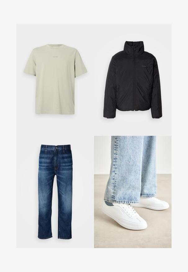 Melnā pūkainā jaka ar augstu apkakli, ar rāvējslēdzēju priekšpusē un sānu kabatām. Gluda, spīdīga tekstūra ar minimālu logotipu uz krūtīm.; Gaišzaļa kokvilnas T-krekls ar apaļu kaklu, īsām piedurknēm un nelielu Calvin Klein logo tumšākā tonī, kas iespiests uz krūtīm.; Tumši zilie taisnās kājas džinsi ar vieglu izbalēšanu uz augšstilbiem un pogu aizdari jostasvietā, attēloti uz baltā fona.; Baltas kedas ar gludu materiālu, auklām, teksturētu gumijas zoli un tirkīza akcentu uz papēža, apvienoti ar gaiši ziliem džinsiem.