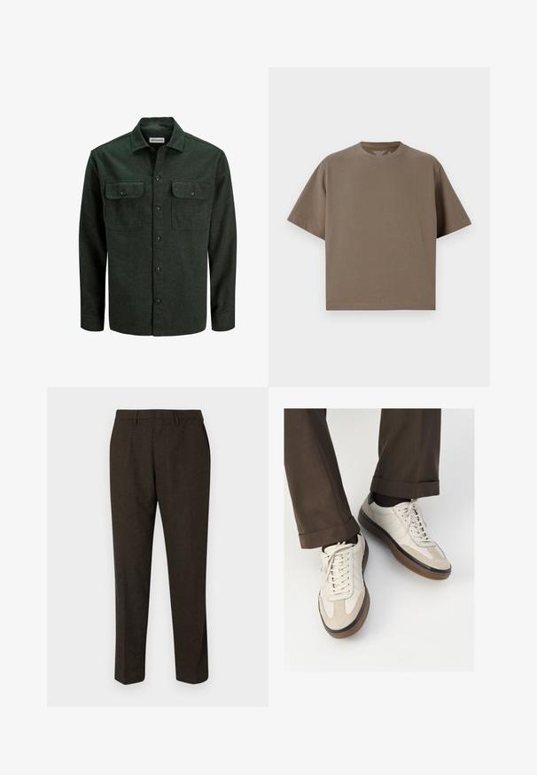 Sötétzöld flanel ing két mellzsebbel, gombos elülső résszel és hegyes gallérral. Puha tapintás, hosszú ujjak, minimális fémalkatrészek.; Barna, rövid ujjú póló, puha anyagból, kerek nyakkivágással. Laza szabású, egyszerű szegélyezéssel rendelkezik.; Barna, szabott nadrág, egyenes szabással, sima textúrával, övbújtatókkal és oldalzsebekkel. Alkalmibb viseletre ajánlott.; Beige sportcipők, texturált velúr elülső résszel, sima bőr oldalakkal és barna gumitalppal. Fűzők és világos varrási részletek is megtalálhatók.
