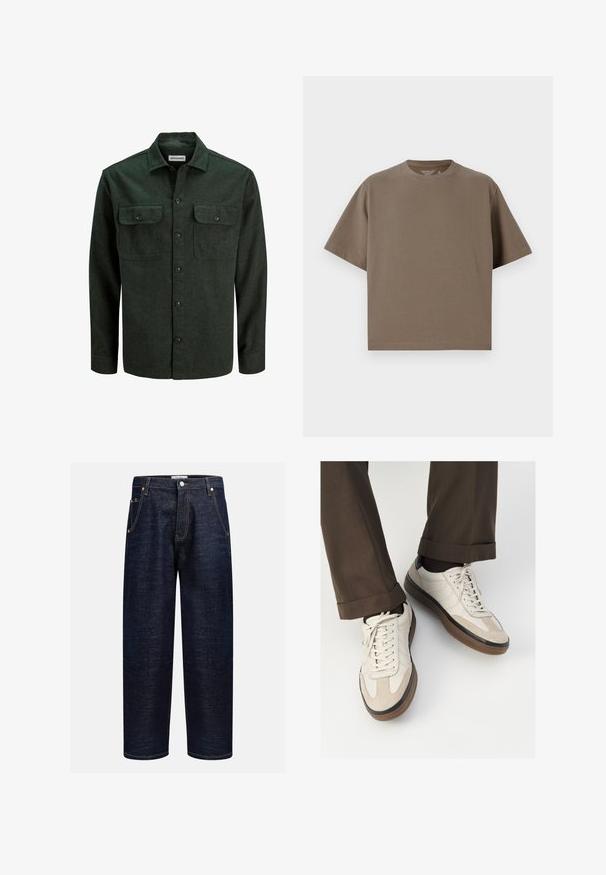 Sötétzöld flanel ing két mellzsebbel, gombos elülső résszel és hegyes gallérral. Puha tapintás, hosszú ujjak, minimális fémalkatrészek.; Barna, rövid ujjú póló, puha anyagból, kerek nyakkivágással. Laza szabású, egyszerű szegélyezéssel rendelkezik.; Sötét farmernadrág egyenes szabással, öt zsebbel, réz szegecsekkel és eltérő varrással az illesztéseknél.; Beige sportcipők, texturált velúr elülső résszel, sima bőr oldalakkal és barna gumitalppal. Fűzők és világos varrási részletek is megtalálhatók.