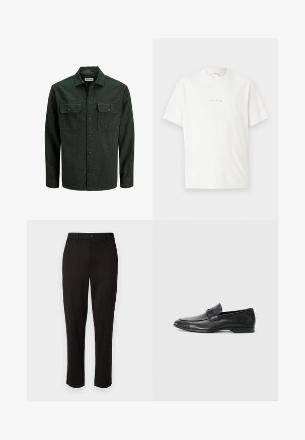 Tamnozeleni flanel košulja s dva džepa na prsima, dugim rukavima i dugmadi sprijeda, te oštrim vratom. Mekana tekstura i minimalna mehanika.; Bijela pamučna majica s okruglim izrezom, kratkim rukavima i malim otisnutim logom sprijeda. Glatka tekstura i opušteni kroj.; Crne hlače od lagane tkanine, s ravnim nogavicama, prednjim zatvaranjem na dugme, petljama za remen i bočnim džepovima.; Crne kožne mokasine s zaobljenim nosom, šavovima, širokom trakom preko prednjeg dijela i niskim, ravnim potplatom. Glatka završna obrada.