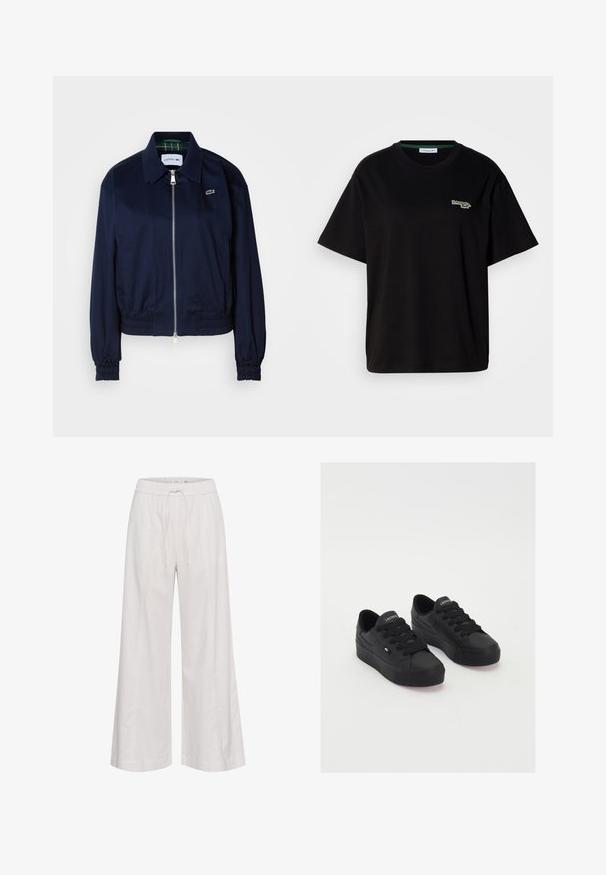 Sötétkék, rövidített dzseki sima anyagból, elöl cipzárral, elasztikus mandzsettákkal és diszkrét logóval a mellrészen.; Fekete pamut póló rövid ujjakkal, bal mellkason egy kis zöld logóval. Klasszikus kerek nyakkivágás, laza szabás.; Széles szárú nadrág puha fehér anyagból, rugalmas derékkal és húzózsinórral, sima felülettel és további díszítések nélkül.; Fekete alacsony szárú sportcipő sima anyagból, vastag fűzőkkel, textúrázott talppal, valamint kis logóval az oldalán és a nyelvén.