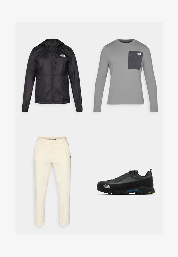 Giacca leggera nera in nylon, con cappuccio, chiusura con zip e polsini elasticizzati. Sul davanti c'è un piccolo logo bianco sul lato sinistro del petto.; Maglietta grigia a maniche lunghe con tessuto testurizzato, dotata di una tasca sul petto grigia scura e chiusura con zip. Logo bianco sulla tasca.; Pantaloni beige realizzati in tessuto liscio, con un design a gamba dritta, due tasche laterali e un'etichetta logo discreta sul lato.; The North Face VERTO ALPINE GORE TEX - Scarpa da hiking - asphalt grey/tnf black