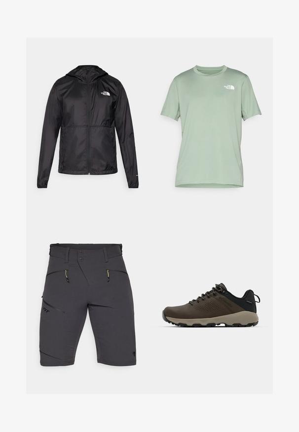 Črna lahka jakna iz najlona, z zadrgo, kapuco in elastičnimi manšetami. Spredaj se na levem prsnem delu nahaja majhna bela oznaka.; Svetlo zelena kratkodlaka majica z mehkega materiala; vsebuje belo logo na zgornji levi strani; okroglo ovratnik.; Dynafit TRANSALPER - Kratke hlače za zunaj - black out; Rjave vodoodporne superge z teksturiranim zgornjim delom, perforiranimi detajli, črno podporo za peto in sivo gumijasto podlogo. Šnure imajo metalne konice.