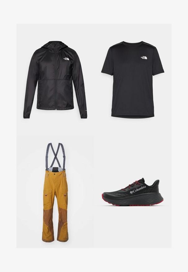 Czarna, lekka kurtka wykonana z nylonu, z zamkiem błyskawicznym, kapturem i elastycznymi mankietami. Z przodu znajduje się małe białe logo na lewej piersi.; Czarny t-shirt z krótkim rękawem, wykonany z lekkiego materiału. Posiada małe białe logo na lewej piersi oraz subtelne akcenty na ramionach.; Klättermusen BRAGE brązowy; Czarny sportowy but z teksturowaną cholewką, czerwonymi sznurówkami i logo. Gruba podeszwa z wzorzystym bieżnikiem dla lepszej przyczepności. Minimalistyczny design, widok z boku.
