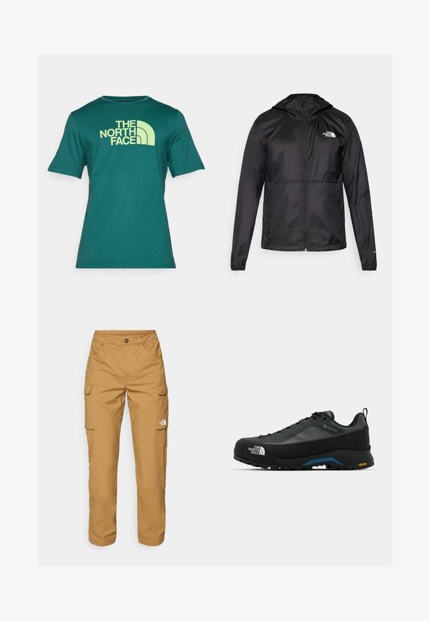 Melna viegla jaka, izgatavota no neilona, ar rāvējslēdzēju, kapuci un elastīgām piedurknēm. Priekšā ir neliels balts logo kreisajā krūtī.; Zila īsām piedurknēm T-kreklu, izgatavots no kokvilnas, ar lielu dzeltenu logo uzdrukājumu "THE NORTH FACE" priekšpusē, izliekta dizainā.; The North Face EXPLORATION PANTS - Armijas stila bikses - utility brown; The North Face VERTO ALPINE GORE TEX - Pārgājienu apavi - asphalt grey/tnf black
