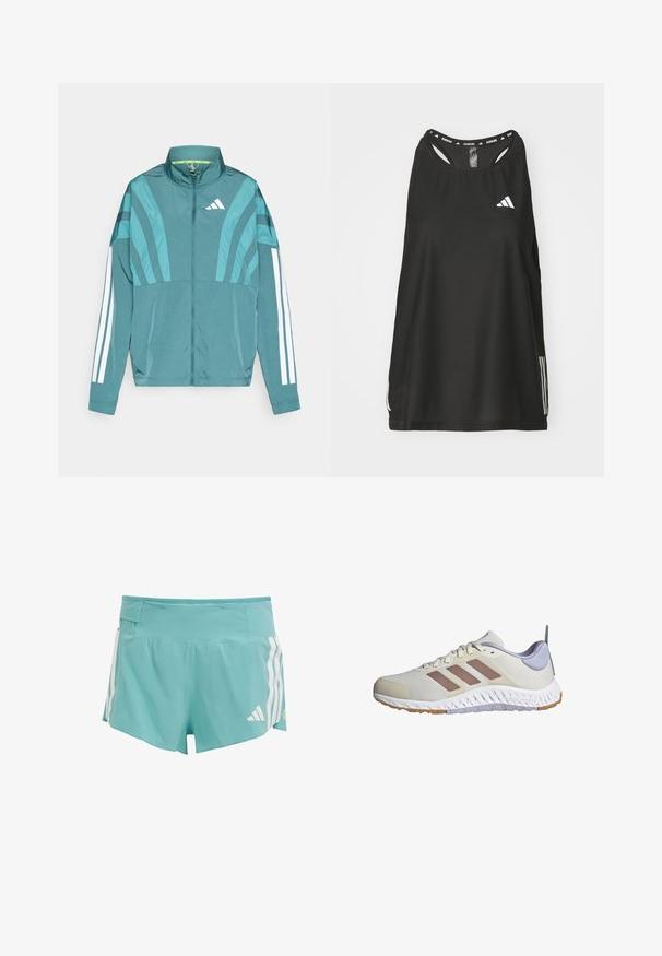 Türkiz edzésdzseki cipzárral elöl, magas nyakkal, három fehér csíkkal az ujjakon és réteges dizájn részletekkel. Könnyű anyag.; Fekete, ujjatlan sportpóló, kerek nyakkivágással. Fehér logó és három fehér csík található az oldalán; lélegző anyagból készült.; Világoskék sportnadrág textúrált anyaggal, fehér oldalsó csíkkal és derékpánt zsebével a tárolás érdekében. Sportoláshoz megfelelő.; adidas Performance EVERYSET VERSATILE - Edzőcipő - chalk white warm clay violet tone
