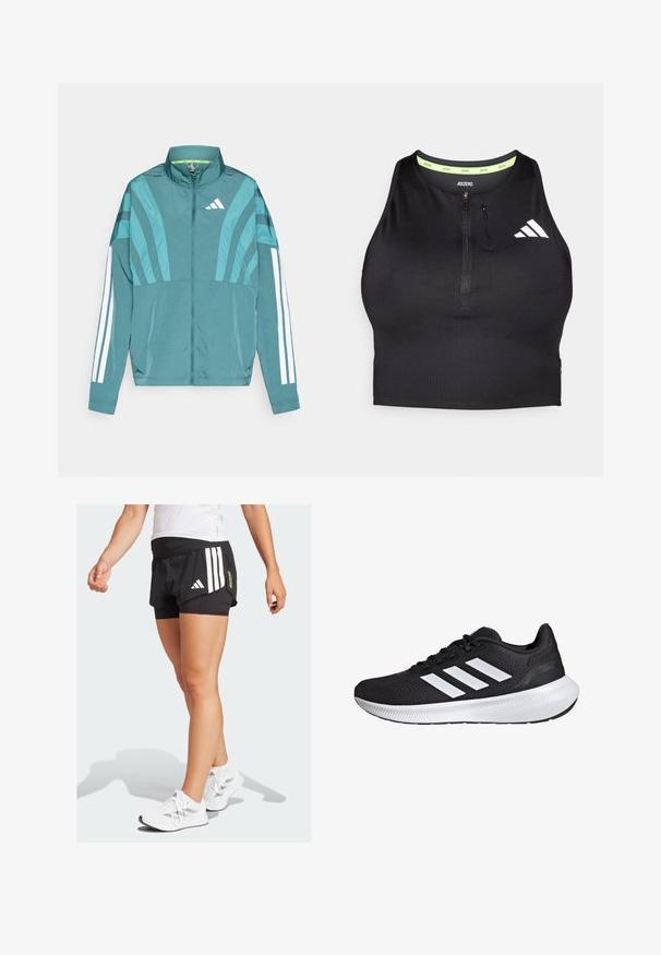 Teal athletic jacket featuring a zipper front, high collar, three white stripes on sleeves, and layered design details. Lightweight fabric.; Black athletic crop top with a zipper at the front, made from smooth fabric. Features a green inner neckline and a white logo on the side.; Black athletic shorts with a layered design, featuring white diagonal stripes and a green "ADIZERO" logo. Worn with white sneakers.; Black athletic shoe with mesh upper and white three-stripe design. Features a cushioned sole and textured rubber outsole for grip.