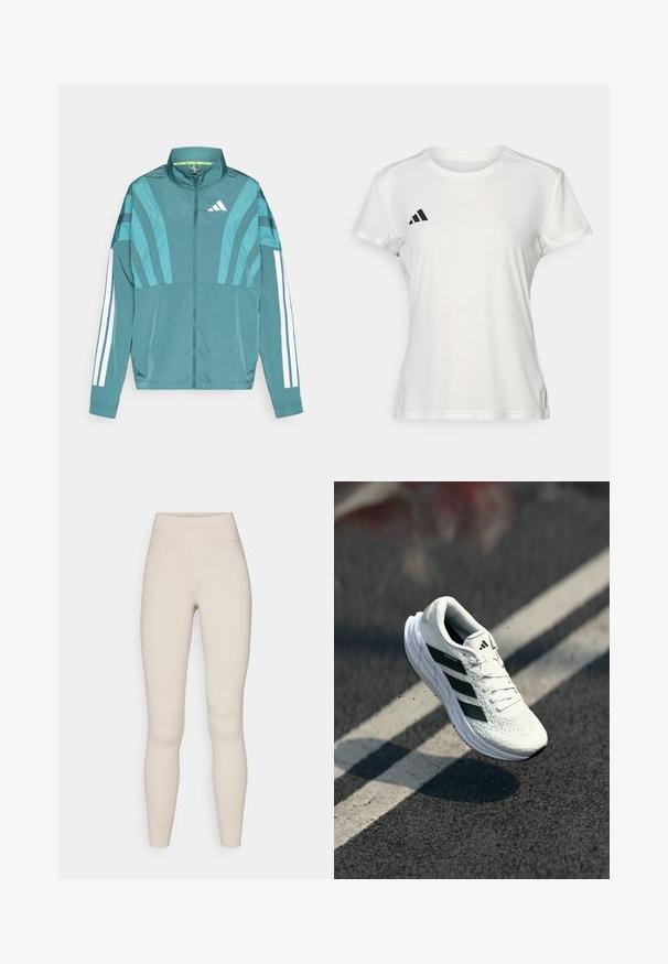 Tannengrüne Sportjacke mit Reißverschluss vorne, hohem Kragen, drei weißen Streifen an den Ärmeln und schichtweisen Designdetails. Leichter Stoff.; Weißes Sport-T-Shirt aus feuchtigkeitsregulierendem Material. Kurze Ärmel, Rundhals, mit schwarzem Logo und drei-Streifen-Emblem auf der linken Brust.; Beige aktive Leggings mit hohem Bund, glattem Material und figurschmeichelndem Design. Diese Leggings verfügen über minimale Nähte und keine sichtbare Markenkennzeichnung.; Weißer Sportschuh mit strukturiertem Obermaterial, schwarzem Drei-Streifen-Design, gepolstertem Kragen und leichter Sohle, in der Luft über einer Straßenoberfläche positioniert.