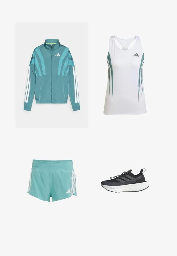 Chaqueta deportiva en color azul verdoso con cierre frontal, cuello alto, tres rayas blancas en las mangas y detalles de diseño en capas. Tela ligera.; Camiseta deportiva blanca sin mangas con acentos en verde azulado y un patrón geométrico. Presenta un diseño de espalda nadadora y una tela ligera y texturizada.; Shorts deportivos de color azul claro con tejido texturizado, franjas laterales blancas y un bolsillo en la cintura para almacenamiento. Adecuados para actividades deportivas.; Zapatilla deportiva negra con parte superior de malla, tres franjas grises, suela blanca gruesa y detalles texturizados. Cuenta con una lengüeta en el talón.