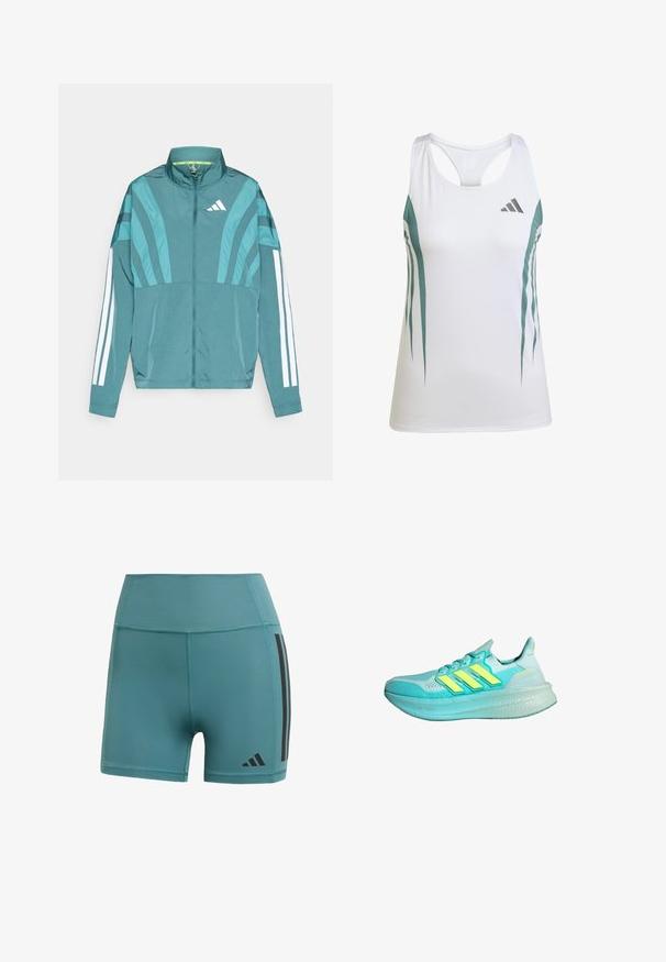 Tannengrüne Sportjacke mit Reißverschluss vorne, hohem Kragen, drei weißen Streifen an den Ärmeln und schichtweisen Designdetails. Leichter Stoff.; Weißes Sport-Tanktop mit türkisfarbenen Akzenten und geometrischem Muster. Verfügt über ein Racerback-Design und leichten, strukturierten Stoff.; Türkise Sportshorts aus dehnbarem Stoff, mit hohem Taillenbund, schwarzen Seitenstreifen und Markenlogo nahe dem Saum.; Helleblaue Sportschuh mit strukturiertem Obermaterial, drei gelben Streifen, gepolstertem Kragen und einer dicken, gepolsterten Sohle.