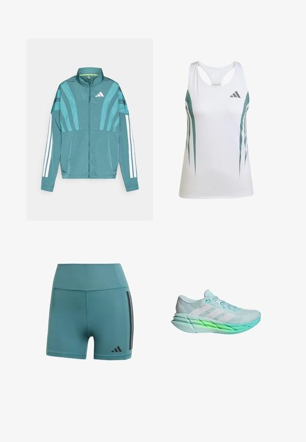 Sammalhalli sportlik jakk, mis on varustatud luku ees, kõrge kraega, käistel on kolm valge triipu ja kihilised disainidetailid. Kerge kangas.; Valge sportlik tank top teal'ilaedustega ja geomeetrilise mustriga. Omab võistlusseljaga disaini ja kerget, tekstuurset kangast.; Švetrinised teised šortsid, mis on valmistatud venivast kangast, kõrge vöökoht, mustad külgtriibud ja brändi logo lähemal äärtes.; Heledad sinine jooksukingi, millel on tekstureeritud võrkkate, kolm valget triipu ja rohelise varjundiga tald. Omab pehmendatud kaela ja lapikut nööri.