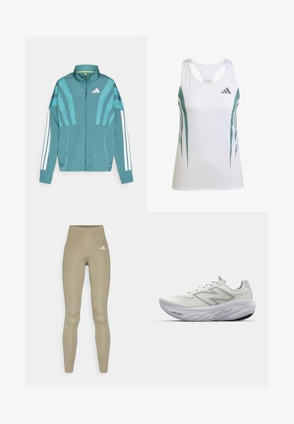 Jachetă sport de culoare teal, cu fermoar în față, guler înalt, trei dungi albe pe mâneci și detalii de design stratificate. Material ușor.; Tricou sportiv alb fără mâneci, cu accente teal și un model geometric. Are un design de tip racerback și un material ușor, texturat.; adidas Performance Leggings - silver pebble; Pantofi sport albi cu un upper din plasă, având o guleră căptușită, o talpă texturată și marca "Fresh Foam" pe midsole.
