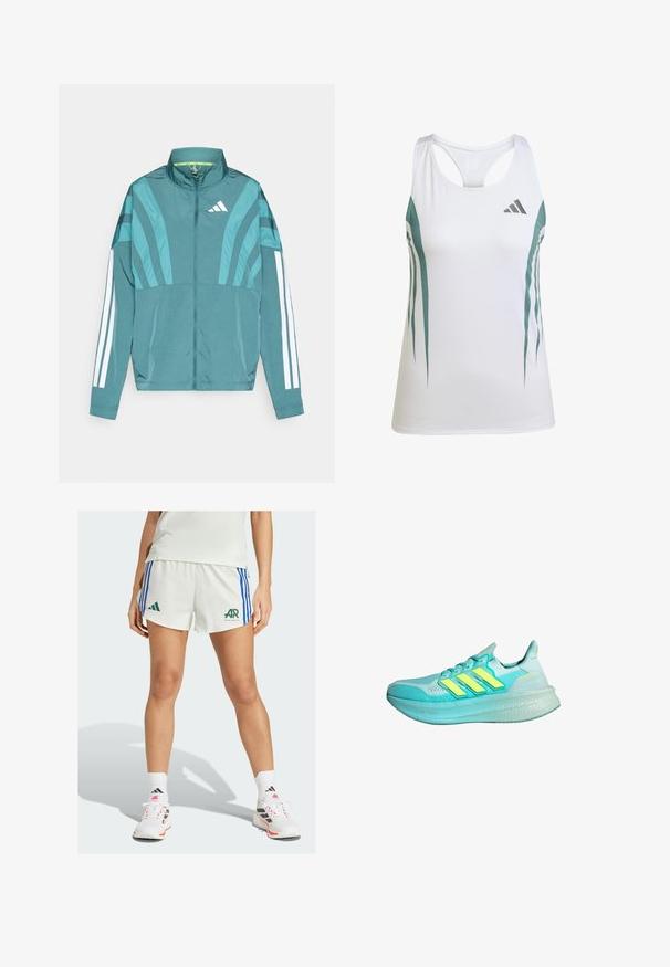 Chaqueta deportiva en color azul verdoso con cierre frontal, cuello alto, tres rayas blancas en las mangas y detalles de diseño en capas. Tela ligera.; Camiseta deportiva blanca sin mangas con acentos en verde azulado y un patrón geométrico. Presenta un diseño de espalda nadadora y una tela ligera y texturizada.; Pantalones cortos deportivos blancos con rayas azules y un logotipo verde. Combinados con zapatillas blancas y negras y calcetines blancos. Diseño sencillo.; Zapatilla deportiva de color azul claro con parte superior texturizada, tres rayas amarillas, cuello acolchado y suela gruesa y acolchada.