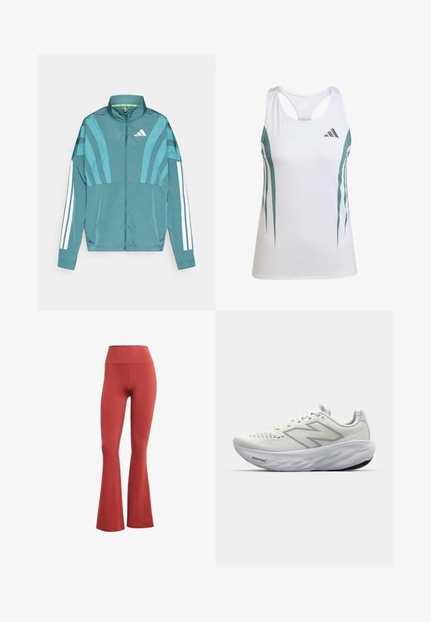 Veste de sport teal avec fermeture éclair sur le devant, col montant, trois bandes blanches sur les manches et des détails de design superposés. Tissu léger.; Débardeur de sport blanc avec des accents teal et un motif géométrique. Présente un dos nageur et un tissu léger et texturé.; Leggings rouges évasés avec une taille haute, fabriqués en tissu extensible. Texture lisse sans motifs ni quincaillerie visibles.; Baskets de sport blanches avec une tige en mesh, dotées d'un col rembourré, d'une semelle texturée et du marquage "Fresh Foam" sur la semelle intermédiaire.