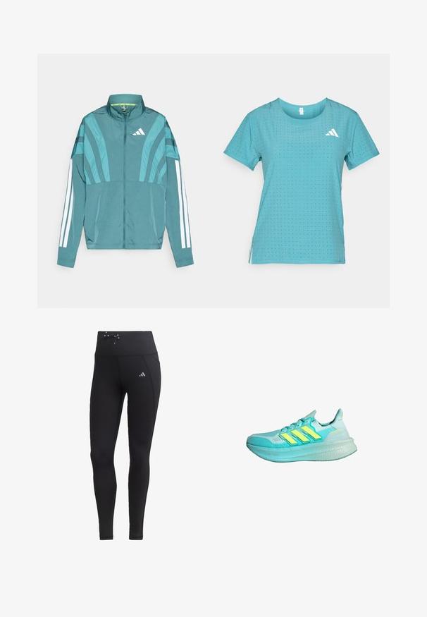 Tannengrüne Sportjacke mit Reißverschluss vorne, hohem Kragen, drei weißen Streifen an den Ärmeln und schichtweisen Designdetails. Leichter Stoff.; Türkises Sport-T-Shirt mit kurzen Ärmeln, das eine perforierte Struktur aufweist und ein weißes Markenlogo auf der oberen linken Seite hat.; Schwarze Leggings mit hohem Taillenbund, Kordelzugdetails und Seitentaschen. Hergestellt aus glattem Stoff mit reflektierendem Logo-Akzent.; Helleblaue Sportschuh mit strukturiertem Obermaterial, drei gelben Streifen, gepolstertem Kragen und einer dicken, gepolsterten Sohle.